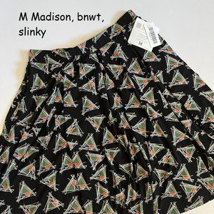 Medium Lularoe Madison pleated skirt, triangles on black, slinky